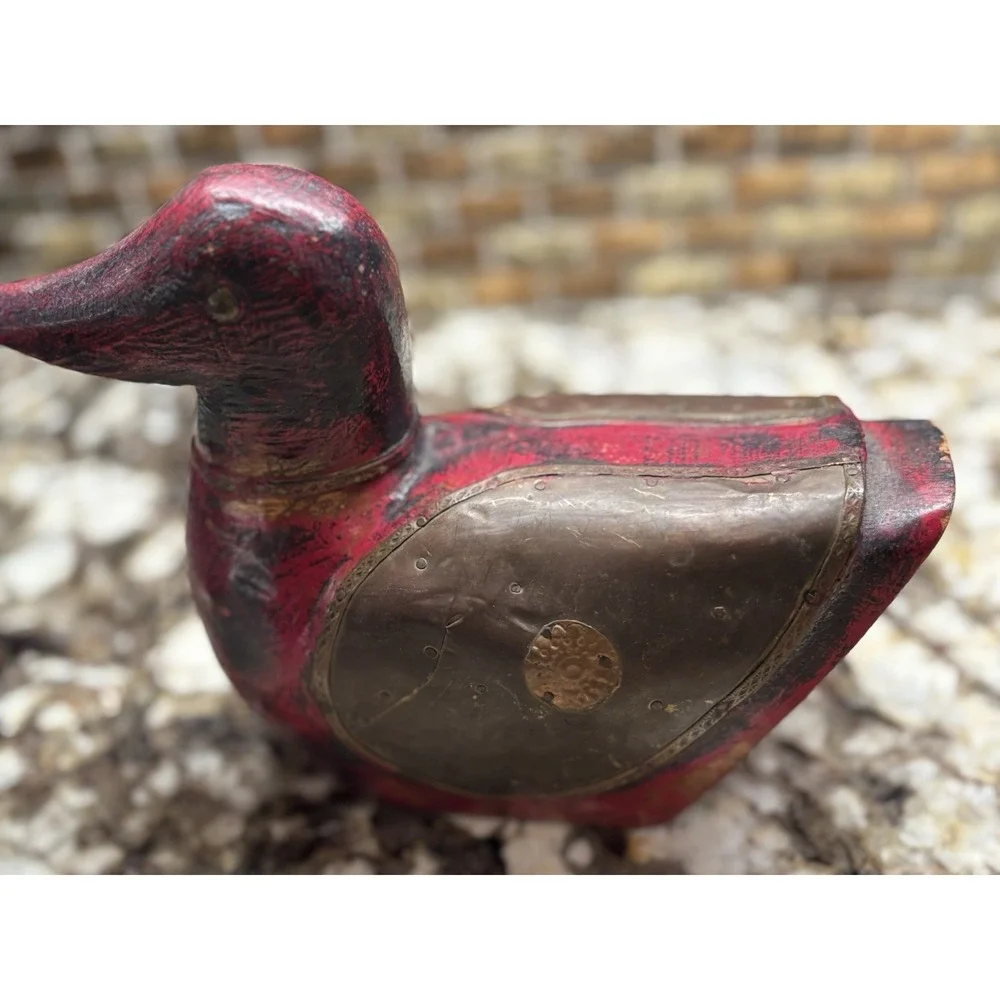 Vintage DUCK Hand Carved Wooden Copper figurine 5 1/2 H 8' L